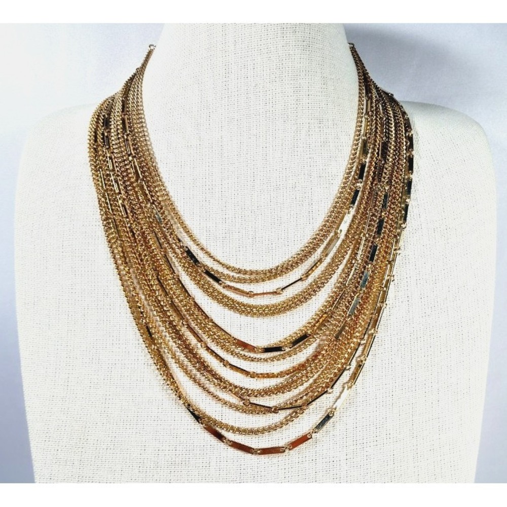 Vintage Multi Strand Necklace Bib Gold Tone Chain  Adjustable 17"-20"